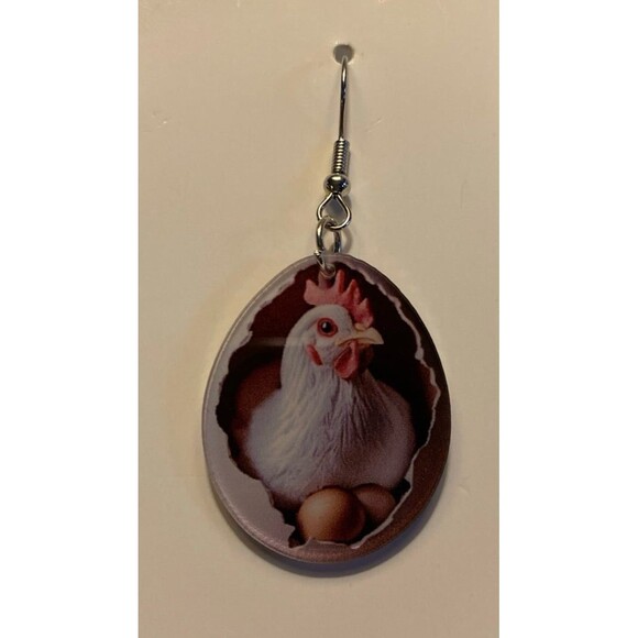 Rooster in a Chicken Egg Dangle Earrings Quirky Whimsical Kooky Barnyard Animal - Picture 1 of 6